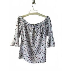 NEW CONRAD C women's floral print off shoulder blouse in white/ red/ blue